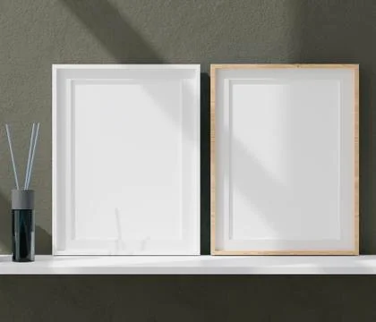 Two vertical white frame mock up, white frame on green wall, 3d illustration Stock Illustration