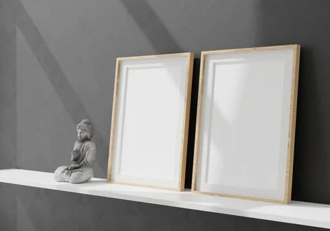 Two vertical white frame mockup, white frame on black wall, 3d illustration Stock Illustration