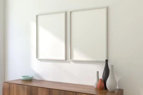 Two Vertical White Frames Mockup in Interior. 3D render. Stock Illustration