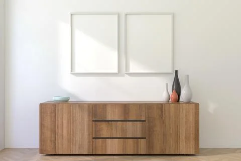 Two Vertical White Frames Mockup in Interior. 3D render. Stock Illustration