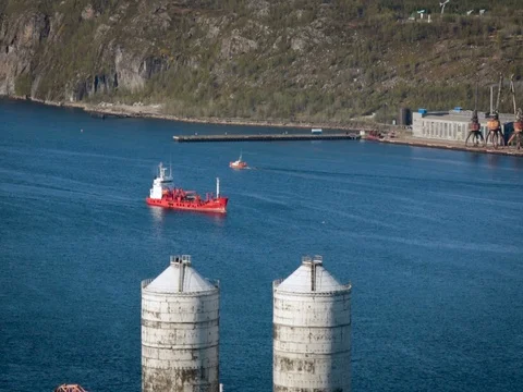 Two Vessels Moving Through the Water in the Opposite Direction Against a Stock Footage 71533412