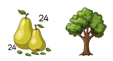 Two vibrant green pears with small leaves scattered around them, accompanie.. Stock Illustration