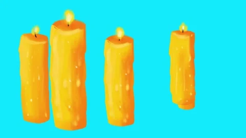 Two vibrant orange candles cast a warm glow against a bright blue background, Stock Footage 292689049