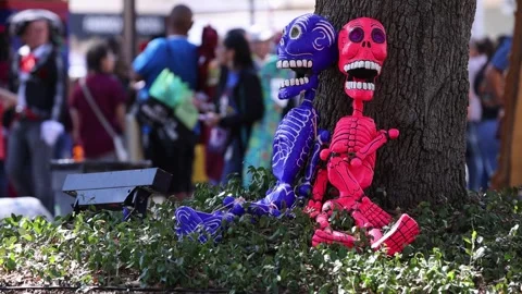 Two vibrant painted skeletons rest against a tree at he Dia de Los Muertos Video stock 249479313