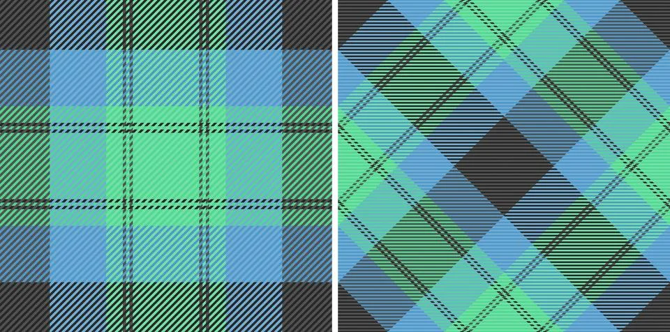 Two vibrant plaid patterns in teal, mint green, and charcoal gray.  Perfect f Stock Illustration