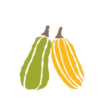 Two vibrant pumpkins, one green and one yellow, sitting side by side against a Stock Illustration