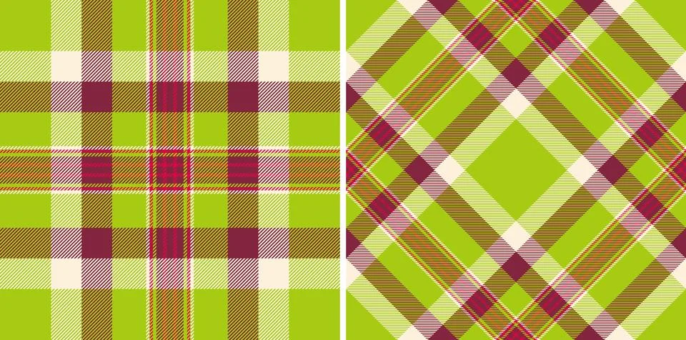 Two vibrant tartan patterns, one classic  one diagonal. Green, maroon,  cream イラスト素材