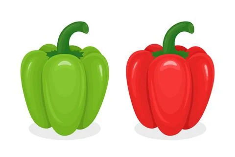 Two Vibrant Vector Cartoon Bell Peppers in Green and Red. Side View. Design Stock Illustration