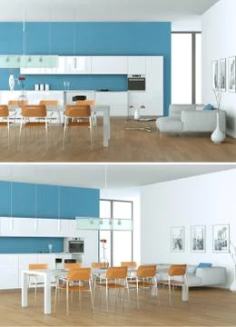 Two views of modern blue kitchen Interior design Stock Illustration