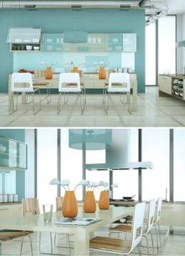 Two views of modern blue kitchen Interior design Stock Illustration