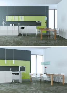 Two views of modern green kitchen Interior design Stock Illustration