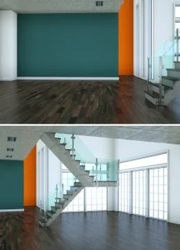 Two views of modern interior loft design with stairway Stock Illustration