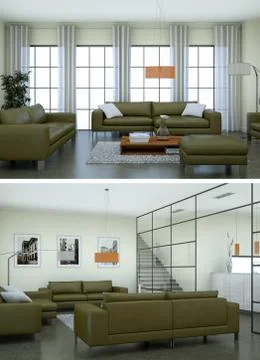 Two views of modern interior loft design with green sofas Stock Illustration