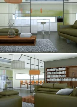 Two views of modern interior loft design with green sofas Stockillustratie