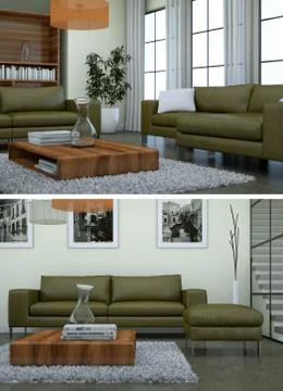 Two views of modern interior loft design with green sofas Stock Illustration