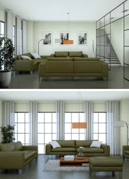 Two views of modern interior loft design with green sofas Illustrazione stock