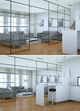 Two views of modern interior loft design with grey sofas Stockillustratie