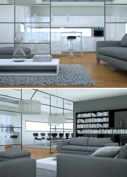 Two views of modern interior loft design with grey sofas Illustrazione stock