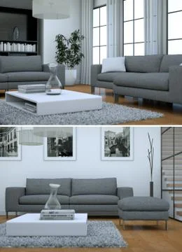 Two views of modern interior loft design with grey sofas Illustrazione stock