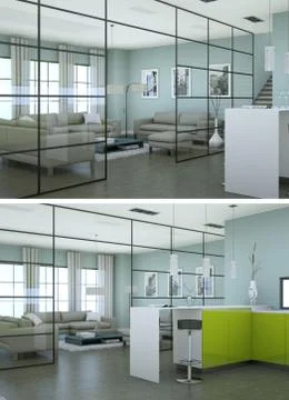 Two views of modern interior loft design with grey sofas Stockillustratie