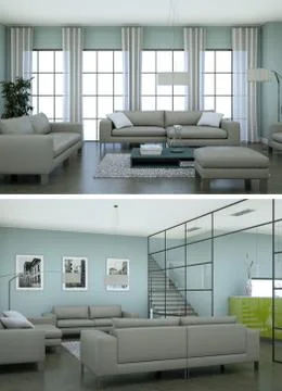 Two views of modern interior loft design with grey sofas Stock-Illustration