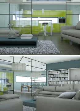 Two views of modern interior loft design with grey sofas Stock Illustration