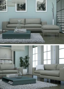 Two views of modern interior loft design with grey sofas Stockillustratie