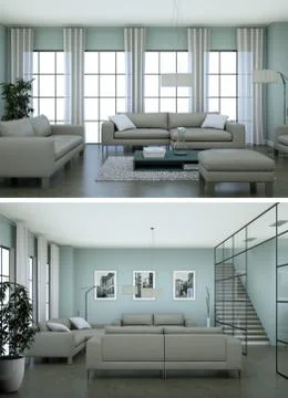 Two views of modern interior loft design with grey sofas Stockillustratie