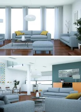 Two views of modern interior loft design with grey sofas Stock Illustration
