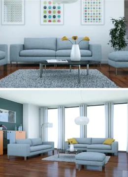 Two views of modern interior loft design with grey sofas 스톡 일러스트