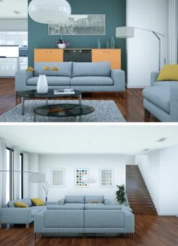 Two views of modern interior loft design with grey sofas Illustrazione stock