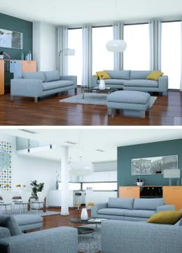 Two views of modern interior loft design with grey sofas Illustrazione stock