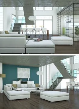 Two views of modern interior loft design with green sofas Stock Illustration