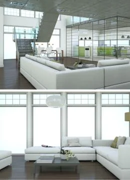 Two views of modern interior loft design with green sofas Stockillustratie