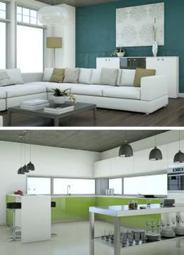 Two views of modern interior loft design with green sofas Stock Illustration