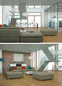 Two views of modern interior loft design with green sofas Stock Illustration