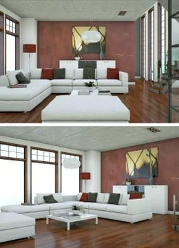 Two views of modern interior loft design with green sofas Stock Illustration