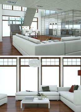Two views of modern interior loft design with green sofas Illustrazione stock