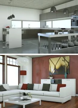 Two views of modern interior loft design with green sofas Stock Illustration