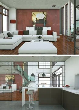 Two views of modern interior loft design with green sofas Stock Illustration