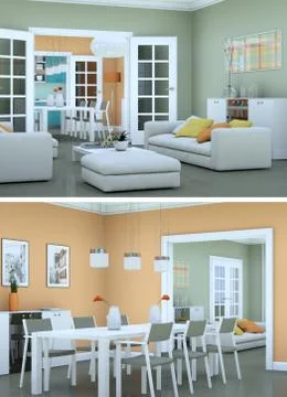 Two views of modern interior loft design with green sofas 库存插图
