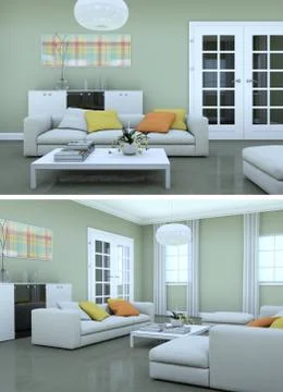 Two views of modern interior loft design with green sofas Illustrazione stock