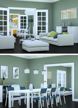 Two views of modern interior loft design with green sofas Stock-Illustration