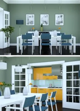 Two views of modern interior loft design with green sofas Stock Illustration