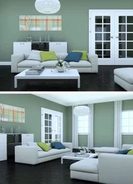 Two views of modern interior loft design with green sofas Stock Illustration