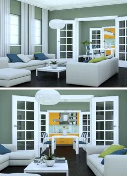 Two views of modern interior loft design with green sofas 库存插图