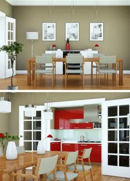 Two views of modern interior loft design with green sofas Stockillustratie