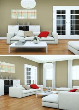 Two views of modern interior loft design with green sofas 스톡 일러스트