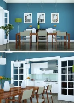 Two views of modern interior loft design with green sofas Stock Illustration