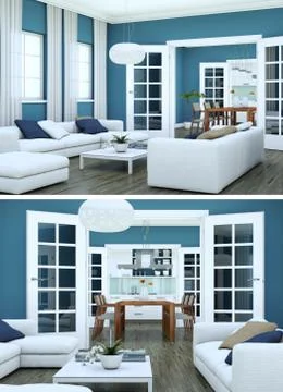 Two views of modern interior loft design with green sofas 库存插图